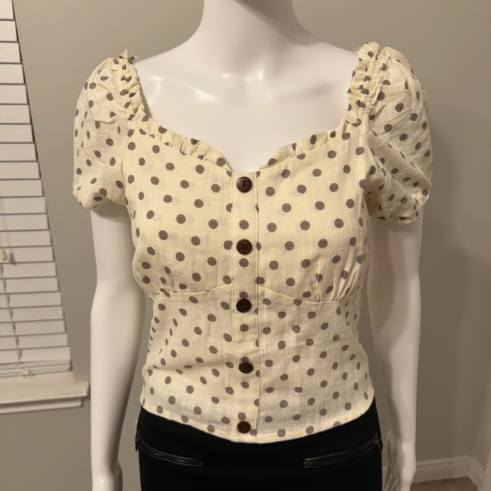 Monteau Los Angeles Top Cream Polka Dot Linen SZ-L